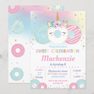 Donut Grow Födelsedagsfest Unicorn Doughnut Inbjudningar