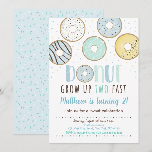 Donut Grow TWO Fast Birthday Inbjudningar (Fram/baksida)