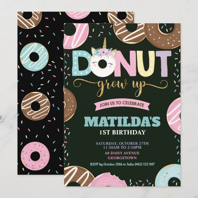 Donut Grow Unicorn 1:a Birthday Doughnut Girl Inbjudningar (Fram/baksida)