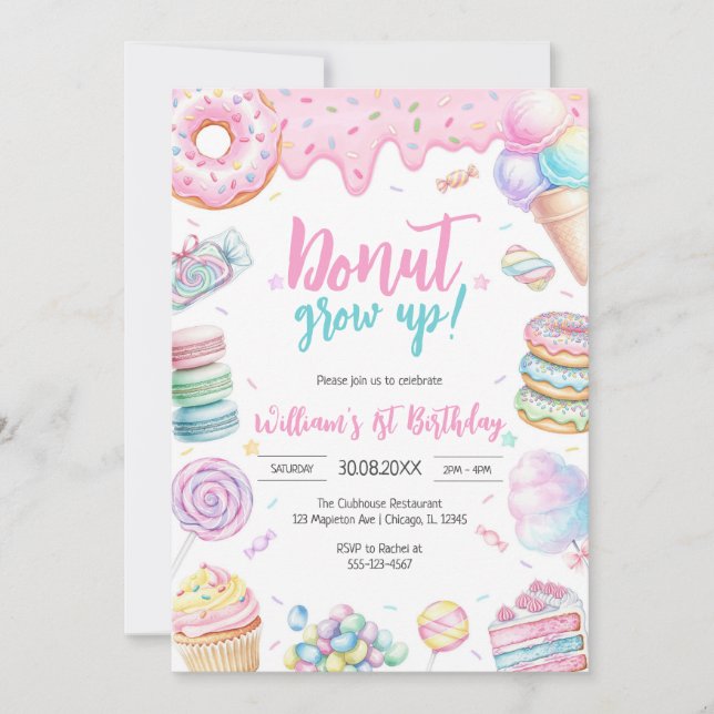 Donut Grow Up Donut Birthday Party Invitation Inbjudningar (Framsida)