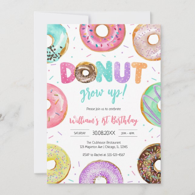 Donut Grow Up Donut Birthday Party Invitation Inbjudningar (Framsida)