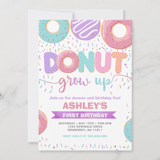 Donut Grow Up First 1st Birthday Invitation Inbjudningar (Framsida)