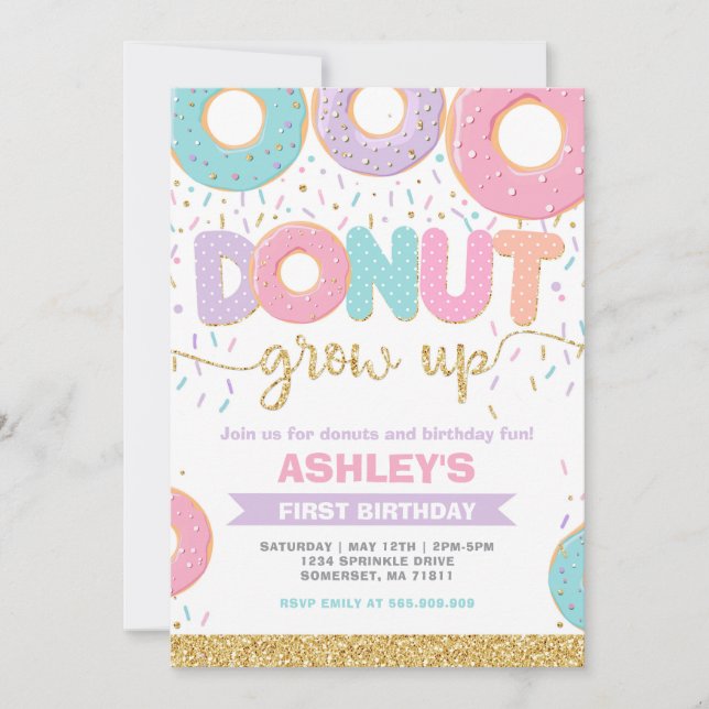 Donut Grow Up First 1st Birthday Invitation Inbjudningar (Framsida)