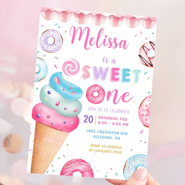 Donut Ice Cream Sweet 1:a födelsedagsinbjudan Inbjudningar (Skapare uppladdad)