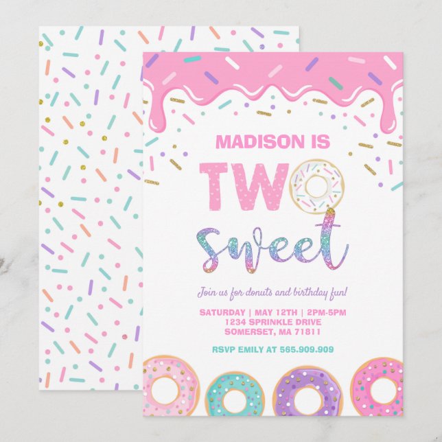 Donut Inbjudan Donut Party Rosa, två svenska födel (Fram/baksida)