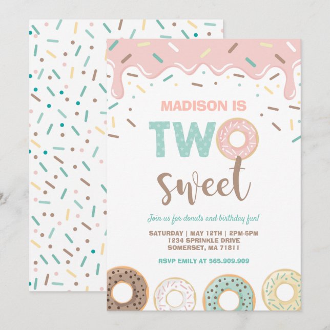 Donut Inbjudan Donut Party Rosa, två svenska födel (Fram/baksida)