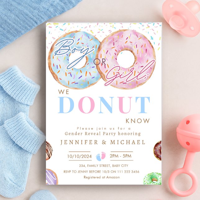 Donut Know Gender Reveal Boy Blue Rosa Party Inbjudningar (Donut Know Gender Reveal Boy Girl Blue Pink Party Invitation)