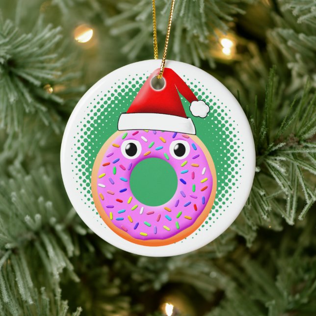 Donut med Ögon och Sprinkles Santas Hat Teckning Julgransprydnad Keramik (Träd)