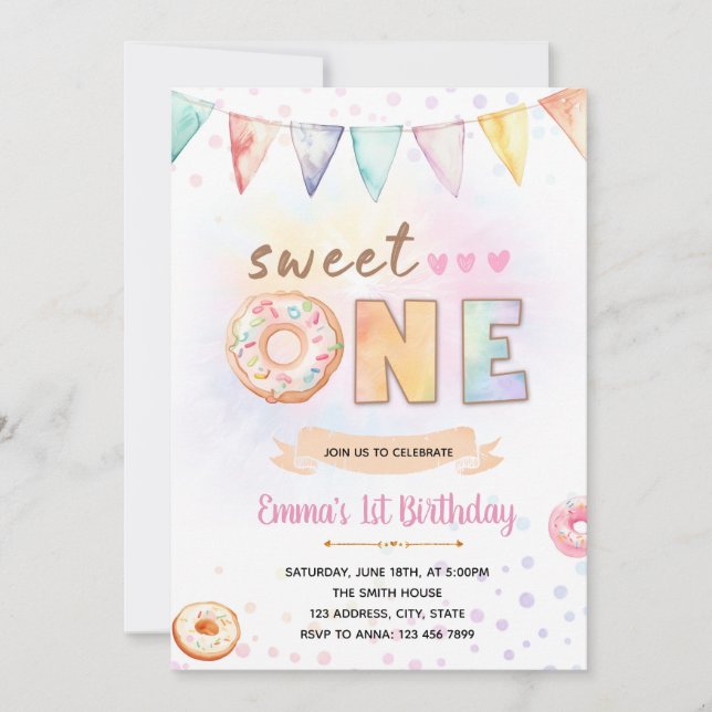 Donut ONE, söt födelsedagsinbjudan Inbjudningar (Framsida)
