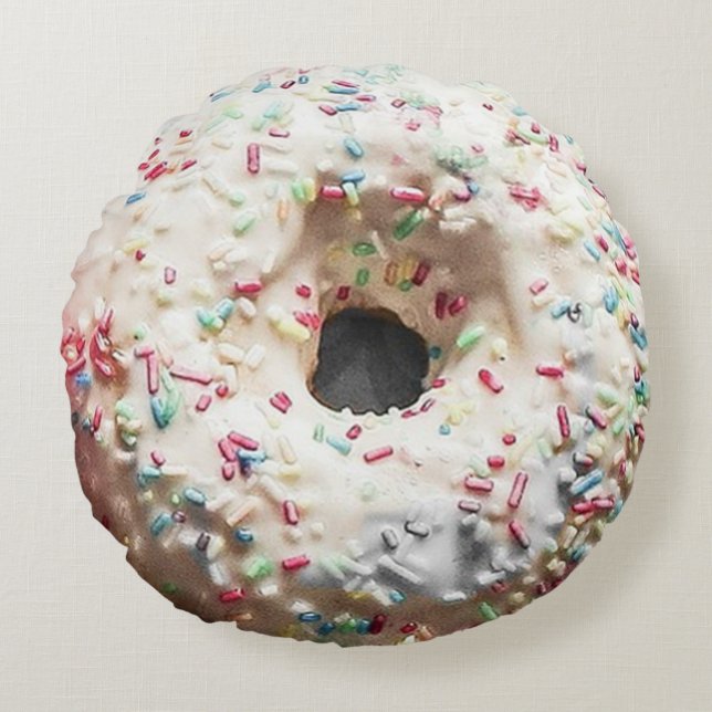 Donut på dubblan: Rainbow Sprinkles & Rosa Icing Rund Kudde (Framsidan)