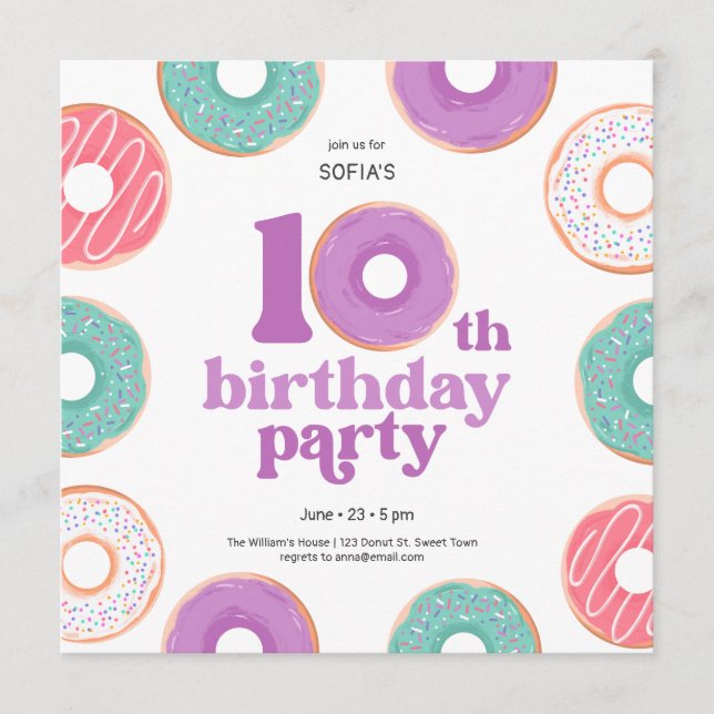 Donut Party Girl 10th Birthday Invitation Inbjudningar (Framsida)