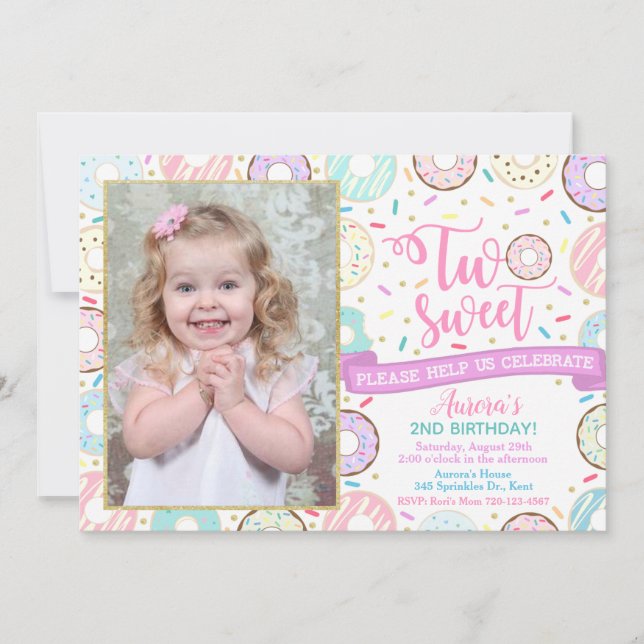 Donut Photo Birthday bjudande två Sweet Party Inbjudningar (Framsida)