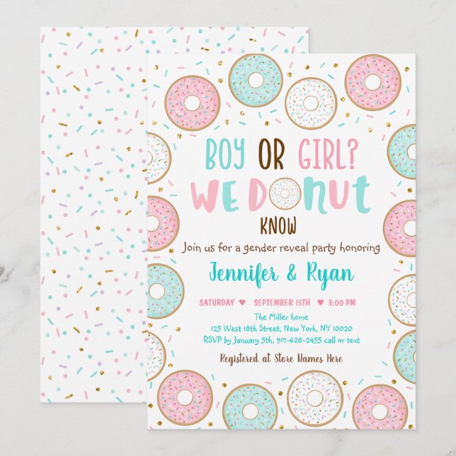 Donut Rosa Blue Guld Gender Reveal Inbjudningar (Fram/baksida)