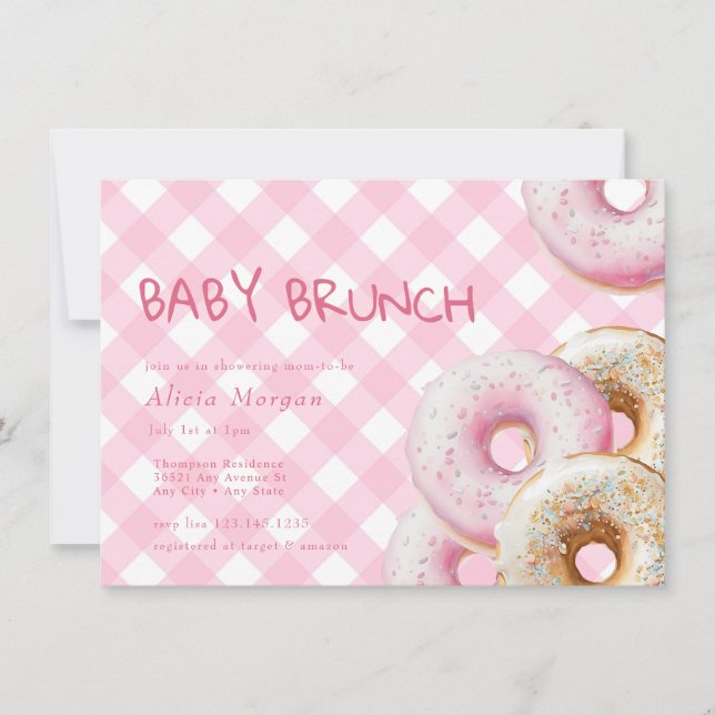 Donut | Rosa Gingham Girl Baby Shower-inbjudan Inbjudningar (Framsida)