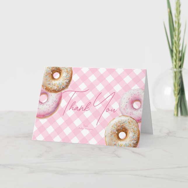 Donut | Rosa Gingham Girl Baby Shower Tack Kort (Framsida)