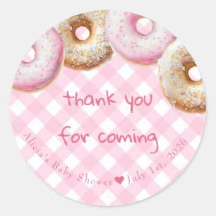 Donut   Rosa Gingham Girl Baby Shower Tack Runt Klistermärke