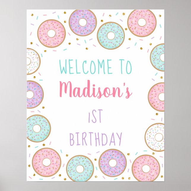 Donut Rosa Guld Pastel Birthday Välkommen Poster (Framsidan)