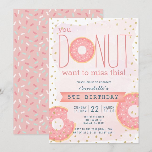 Donut Rosa x Guld Girl Birthday Inbjudningar (Fram/baksida)