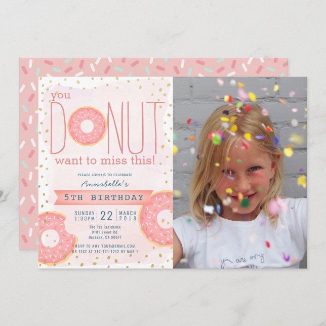 Donut Rosa x Guld Photo Girl Birthday Inbjudningar (Fram/baksida)