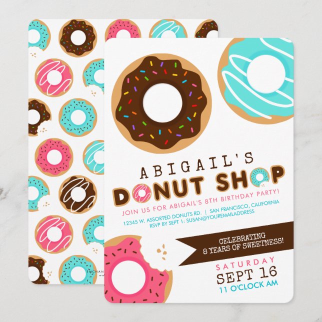 Donut Shop Födelsedagsfest inbjudan (Fram/baksida)