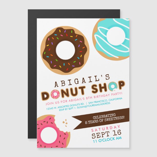 Donut Shop Födelsedagsfest Magnetisk Inbjudningskort (Fram/baksida)
