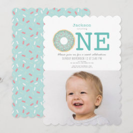 Donut Simple Mint Grönt Boy Photo 1st Birthday Inbjudningar