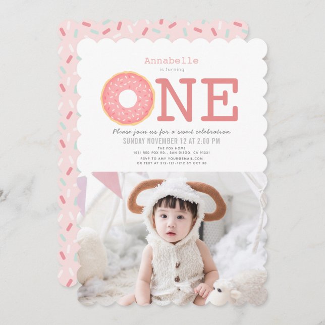 Donut Simple Rosa Girl Photo 1st Birthday Inbjudningar (Fram/baksida)