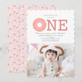 Donut Simple Rosa Girl Photo 1st Birthday Inbjudningar