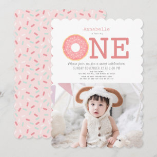 Donut Simple Rosa Girl Photo 1st Birthday Inbjudningar