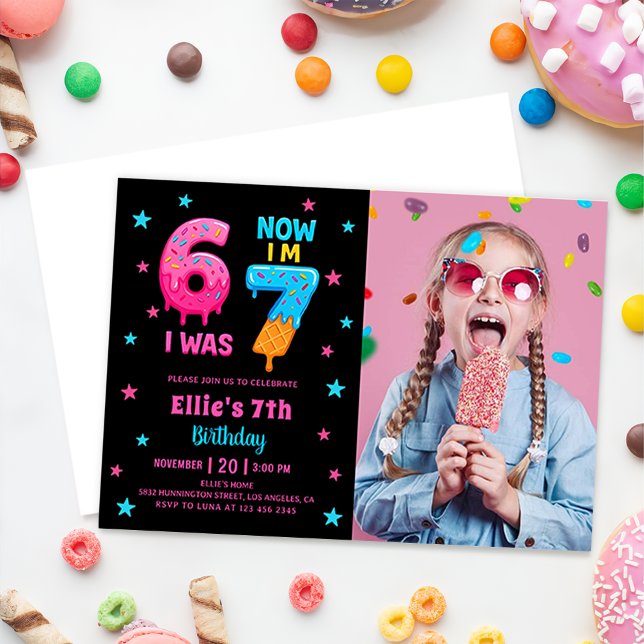 Donut Six Seven Girl Birthday Photo Invitation Inbjudningar (Skapare uppladdad)