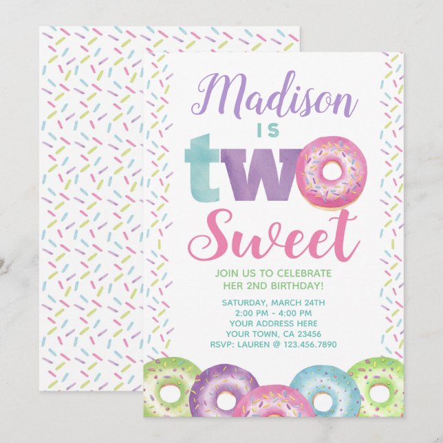 Donut, söt en, andra födelsedagen inbjudningar (Fram/baksida)