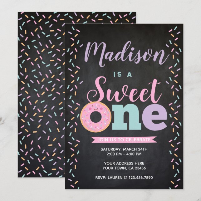 Donut, söt en, första födelsedagen inbjudningar (Fram/baksida)