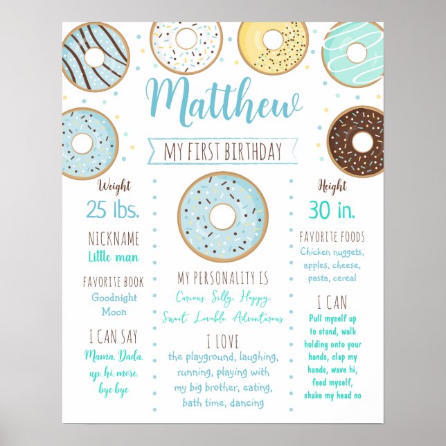 Donut Sprinkles Blue First Birthday Milestone Poster (Framsidan)