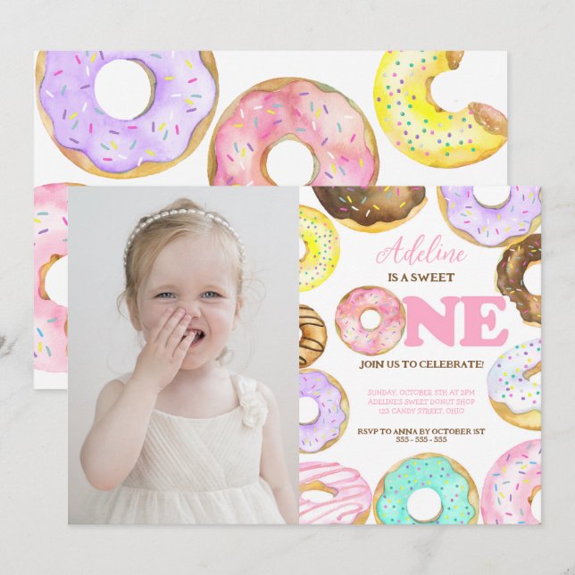 Donut Sweet One 1st Birthday Girl Cute Party Inbjudningar (Fram/baksida)