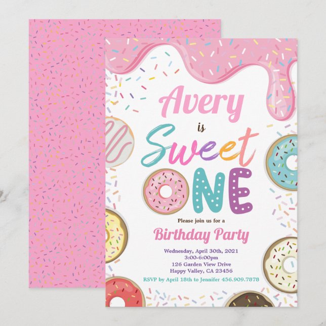 Donut Sweet One 1st Birthday Party Rosa Pastel Inbjudningar (Fram/baksida)