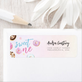 Donut Sweet One Rosa and Blue Girl First Birthday Returadress Etikett