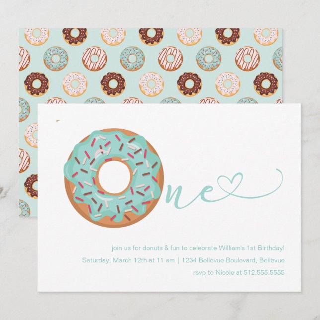 Donut Teal Blue & Sprinkles 1:a födelsedagen Inbjudningar (Fram/baksida)