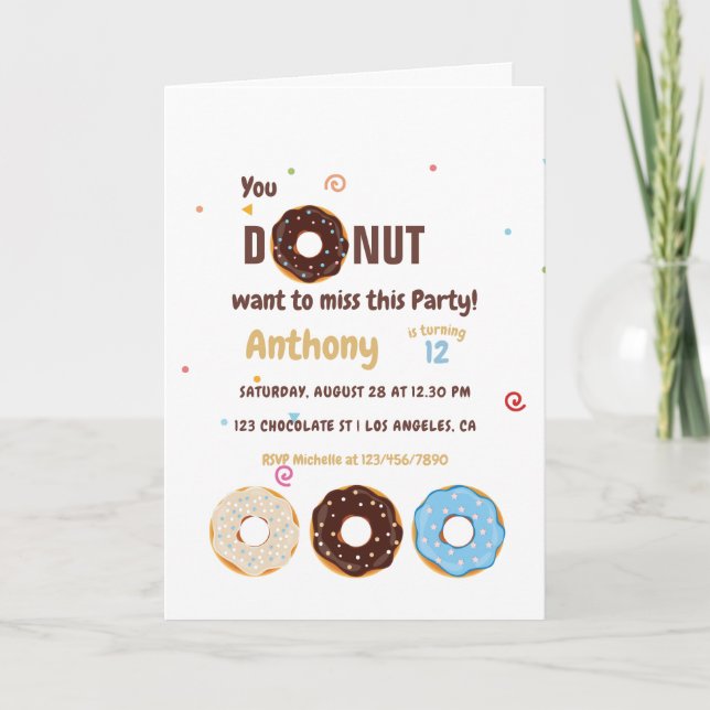 Donut themed Barns födelsedag Party Inbjudan (Framsida)