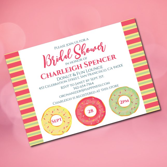Donut themed inbjudningskort för möhippan (Pink bridal shower invitation with donut elements)