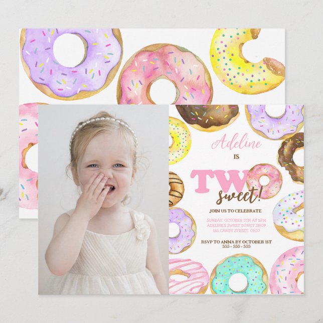 Donut Två söta 2:a födelsedagstjuret Cute Party Inbjudningar (Fram/baksida)