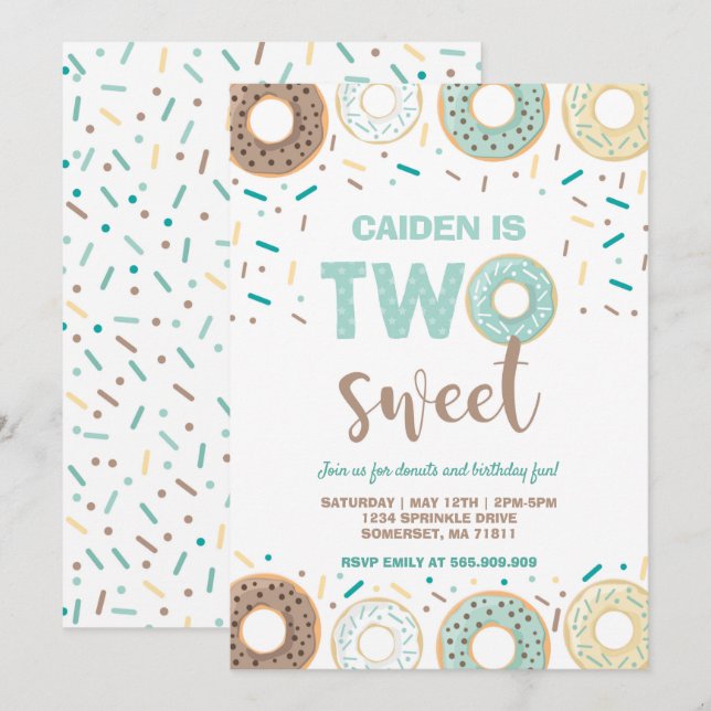 Donut Two Sweet Birthday Inbjudan Donut Party Blue (Fram/baksida)