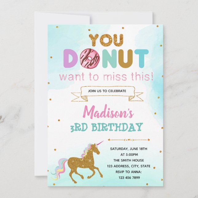 Donut unicorn födelsedagsfest inbjudan (Framsida)