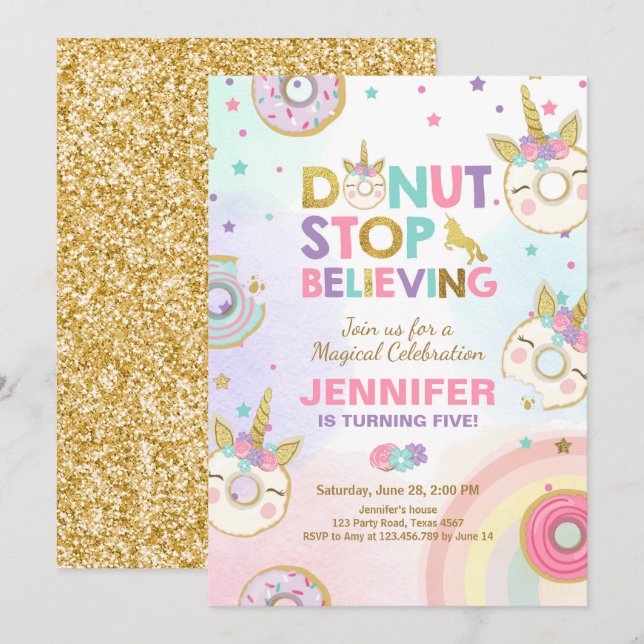 Donut Unicorns födelsedagsinbjudan Rosa Guld Girl Inbjudningar (Fram/baksida)