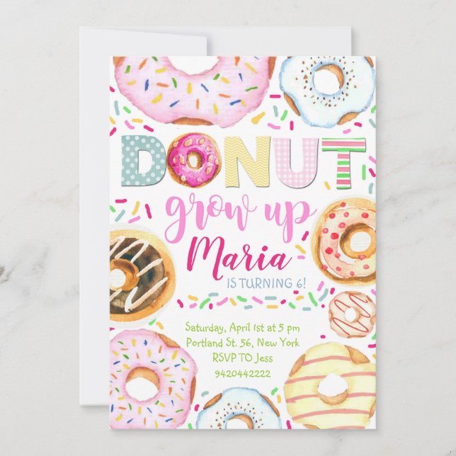 Donut växer upp Kids Doughnut Birthday-inbjudan Inbjudningar (Framsida)