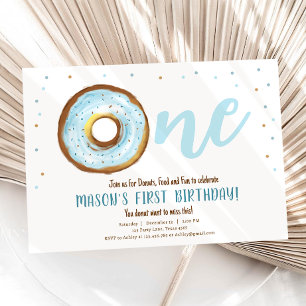 Donut Watercolor Sweet One Boy First Birthday Inbjudningar
