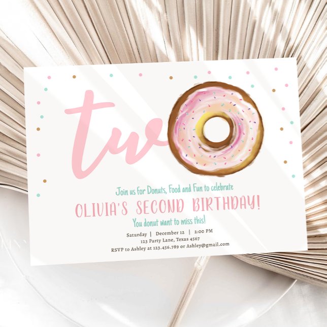 Donut Watercolor Two Sweet Girl Second Birthday Inbjudningar (Skapare uppladdad)