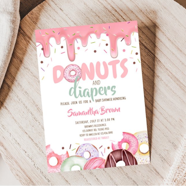 Donuts and Diaper Sprinkle Baby Shower Inbjudningar (Pink Donuts Girl Baby Shower Invitation)
