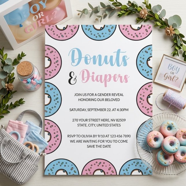 Donuts and Diaper Sprinkle ThMeed Gender Reveal Inbjudningar (Skapare uppladdad)
