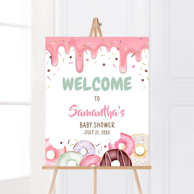 Donuts and Diaper Sprinkle Welcome Poster (Pink Donuts Girl Baby Shower Welcome Sign)