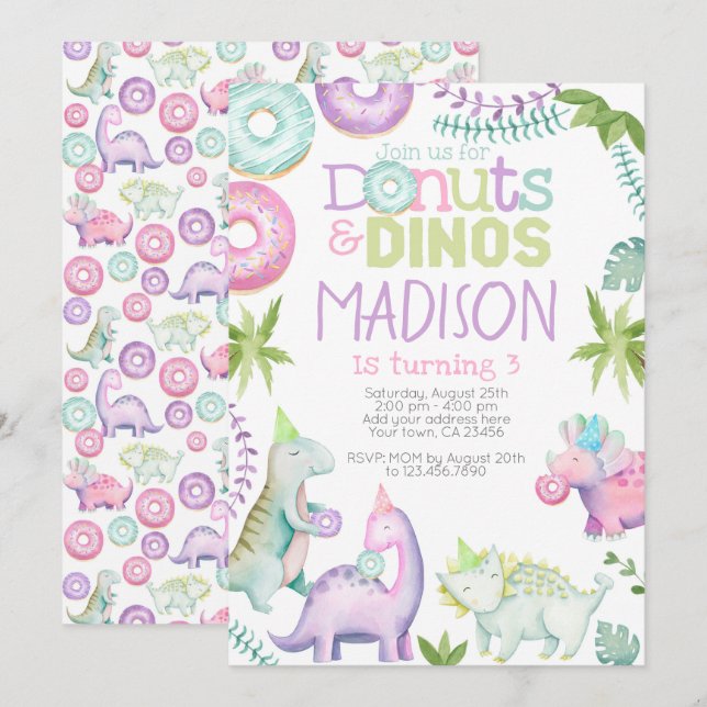 Donuts and Dinos Invitation (Pink & Lavender) Inbjudningar (Fram/baksida)